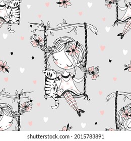 Seamless pattern. A cute girl with pigtails is swinging on a swing with her cat. Vector.