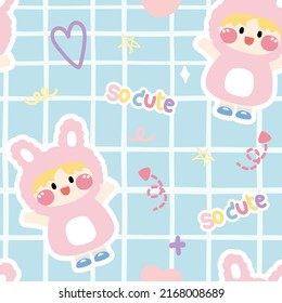 Seamless pattern of cute girl in rabbit costume.Character cartoon desgin.Blue background.Image for card,poster,baby clothing.Kawaii.Vector.Illustration.