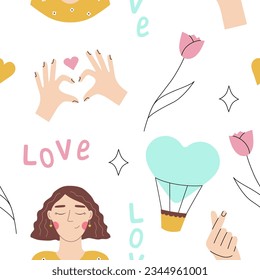 Seamless pattern with cute girl and self love concept. Vector wallpaper perfect for woman's blog, self love club or cosmetic promo