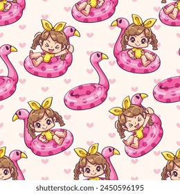 Seamless pattern of cute girl sitting on pink flamingo swimming ring. She had fun playing in the water. Pattern for fabric and wrapping paper, Pattern for design wallpaper and fashion prints.