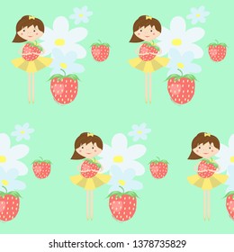 Seamless pattern with cute girl, strawberry and flower. Childish motive 