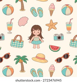 Nahtloses Muster von niedlichen Mädchen Sommer. Sommerstrand nahtlose Muster Vektor. Sommer Strand Muster Illustration. Sommer Strand essentials Muster Vektor.