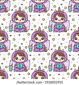 Seamless pattern with cute girl in unicorn pajamas with console or phone playing video games. It can be used for packaging, wrapping paper, textile, decor etc. 