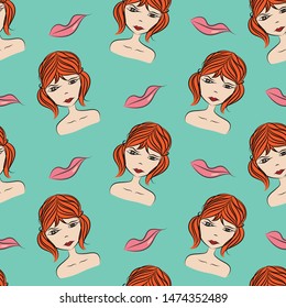 Seamless pattern with cute girl vector Background, Hand drawn, face women and lips beauty cartoon