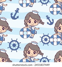 Seamless pattern of Cute girl wearing sailor outfit, lifebuoy, anchor and boat steering wheel. Pattern for fabric and wrapping paper, Pattern for design wallpaper and fashion prints.