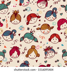 Seamless pattern cute girlish faces with different emotions. Ideal for children's interiors, banners and posters. Vector colorfull illustration.