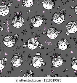 Seamless pattern cute girlish faces with different emotions. Ideal for children's interiors, banners and posters. Vector illustration.