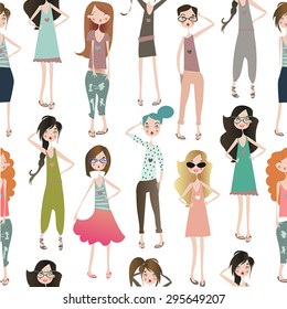 seamless pattern with cute girls