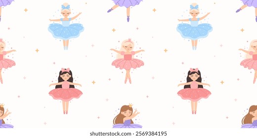 Seamless pattern with cute girls ballerinas. Princess ballerinas dance. Flat vector illustration.