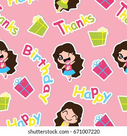 Seamless pattern of Cute girls and birthday gifts on pink background, vector carton, for kid scrap paper, wallpaper, and postcard
