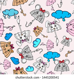 seamless pattern of cute girls with bows background fierce doodle sketch