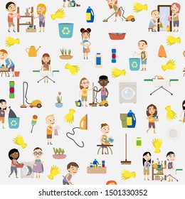 Seamless pattern of cute girls and boys doing housework. Children throw out garbage, wash dishes, wash clothes, vacuum clean, wipe mirrors, water flowers and do cleaning. Flat cartoon vector