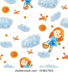 Seamless pattern with cute girls and clouds