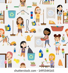 Seamless pattern of cute girls doing housework. Girls throw out garbage, wash dishes, wash clothes, vacuum clean, iron clothes, wipe mirrors, water flowers and do cleaning. Flat cartoon vector
