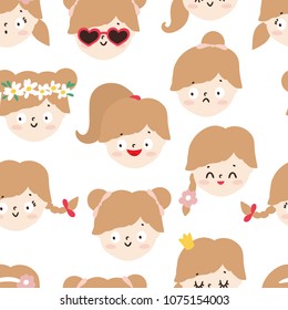 Seamless pattern with cute girls faces