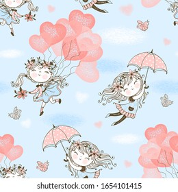 Seamless pattern with cute girls flying on balloons and umbrellas. Vector.