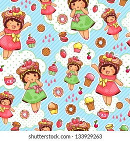 seamless pattern with cute girls and sweets (JPEG available in my gallery)