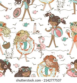 Seamless pattern with cute girls in swimsuits on the sea beach. Summer. Vector.