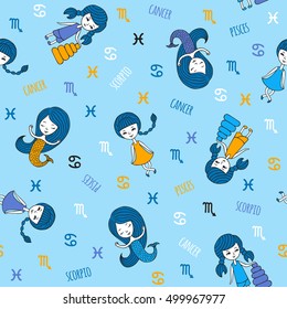 Seamless pattern with cute girls. Zodiac signs cancer, Scorpio and Pisces. The element of water. Cute characters hand-drawn on a blue background. Funny horoscope.