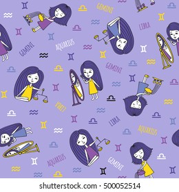 Seamless pattern with cute girls. Zodiac signs Gemini, Libra and Aquarius. The element of air. Cute characters hand-painted on a lilac background. Funny horoscope.