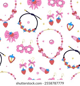 Seamless pattern with cute girly accessories in strawberry style. Vector graphics