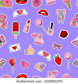 Seamless pattern with cute girly pink stickers on pink background. Vector illustration