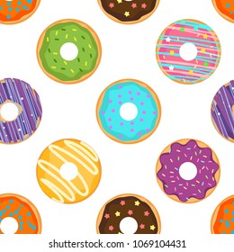 Seamless pattern with cute glazed donuts. For print and web