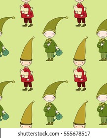 Seamless pattern with cute gnome and bird. Vector illustration for children design. Funny elves.