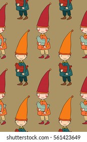 Seamless pattern with cute gnome and bird. Vector illustration for children design. Funny elves.
