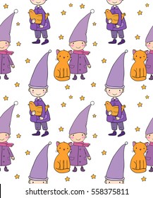 Seamless pattern with cute gnome, cat and bird. Vector illustration for children design. Funny elves.