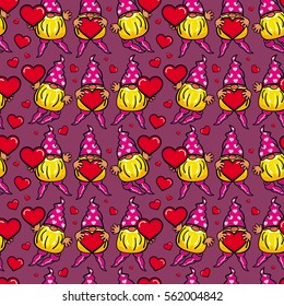 Seamless pattern with cute gnome holding heart. Funny background for holiday decorations, greetings, Valentine day and birthday cards, wrapping paper. Vector clip art.