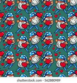 Seamless pattern with cute gnome holding heart. Funny background for holiday decorations, greetings, Valentine day and birthday cards, wrapping paper. Vector clip art.