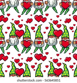 Seamless pattern with cute gnome holding heart. Funny background for holiday decorations, greetings, Valentine day and birthday cards, wrapping paper. Vector clip art.
