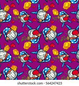 Seamless pattern with cute gnome holding heart. Funny background for holiday decorations, greetings, Valentine day and birthday cards, wrapping paper. Vector clip art.
