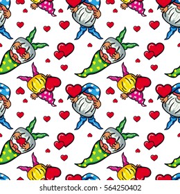 Seamless pattern with cute gnome holding heart. Funny background for holiday decorations, greetings, Valentine day and birthday cards, wrapping paper. Vector clip art.