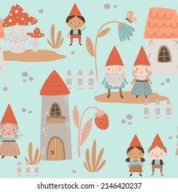 Seamless pattern with cute gnomes and flowers on light blue background. Fairy digital background with vector hand drawn elements. Seamless pattern for kids fabric, textile and scrapbook paper.