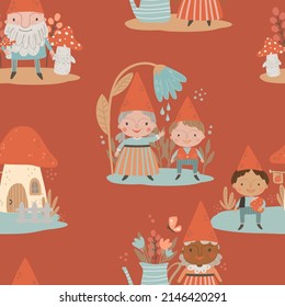 Seamless pattern with cute gnomes and flowers on red background. Fairy digital background with vector hand drawn elements. Seamless pattern for kids fabric, textile and scrapbook paper.