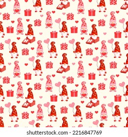 Seamless pattern with cute gnomes, gifts and hearts. Vector illustration of valentines day texture.