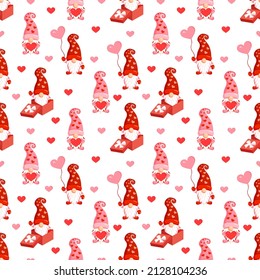 Seamless pattern with cute gnomes and hearts. Vector illustration of valentines day texture for postcard, textile, decor, paper, texture, wrapping.v