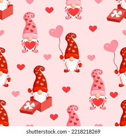 Seamless pattern with cute gnomes and hearts. Vector illustration of valentines day texture for postcard, textile, decor, paper, texture, wrapping.