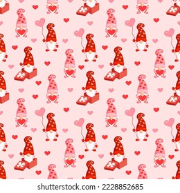 Seamless pattern with cute gnomes and hearts. Vector illustration of valentines day texture for postcard, textile, decor, paper, texture, wrapping.