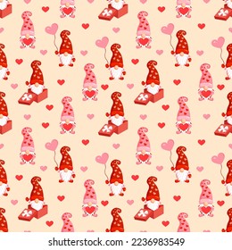 Patrón sin foco con gnomos y corazones bonitos. Ilustración vectorial de la textura del día de las valentinas para postal, textil, decoración, papel, textura, envoltura.