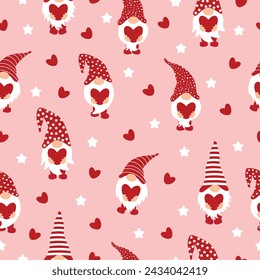 Seamless pattern with cute gnomes and hearts. Vector.