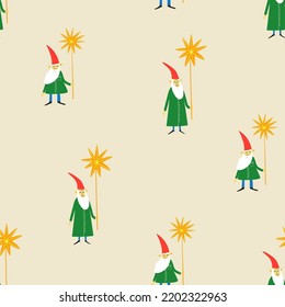 Seamless pattern with cute gnomes holding star lantern. Christmas wrapping paper or background. Little elves, Santa's helpers.