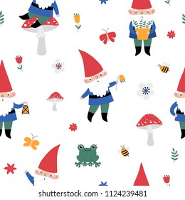 Seamless pattern with cute gnomes on white background