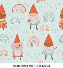 Seamless pattern with cute gnomes and rainbows on light blue background. Blue digital background with vector hand drawn elements. Seamless pattern for kids fabric, textile and scrapbook paper.
