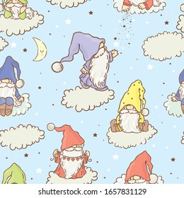 Seamless pattern with cute gnomes and starry sky