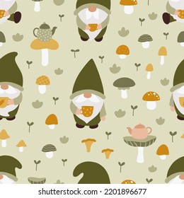 Seamless pattern with cute gnomes, tea cups and mushrooms. Fairy tale cartoon characters. Cartoon forest gnomes. Vector illustration.