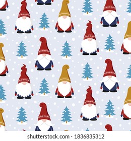 Seamless pattern with cute gnomes, trees, and snow. Nordic Christmas, scandinavian Christmas. For wrapping paper, scrapbooking, wall paper, fabric, textile, etc. 