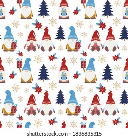 Seamless pattern with cute gnomes, trees, snowflakes, and poinsettia. Nordic Christmas, Scandinavian Christmas. For wrapping paper, scrapbooking, wall paper, fabric, etc.